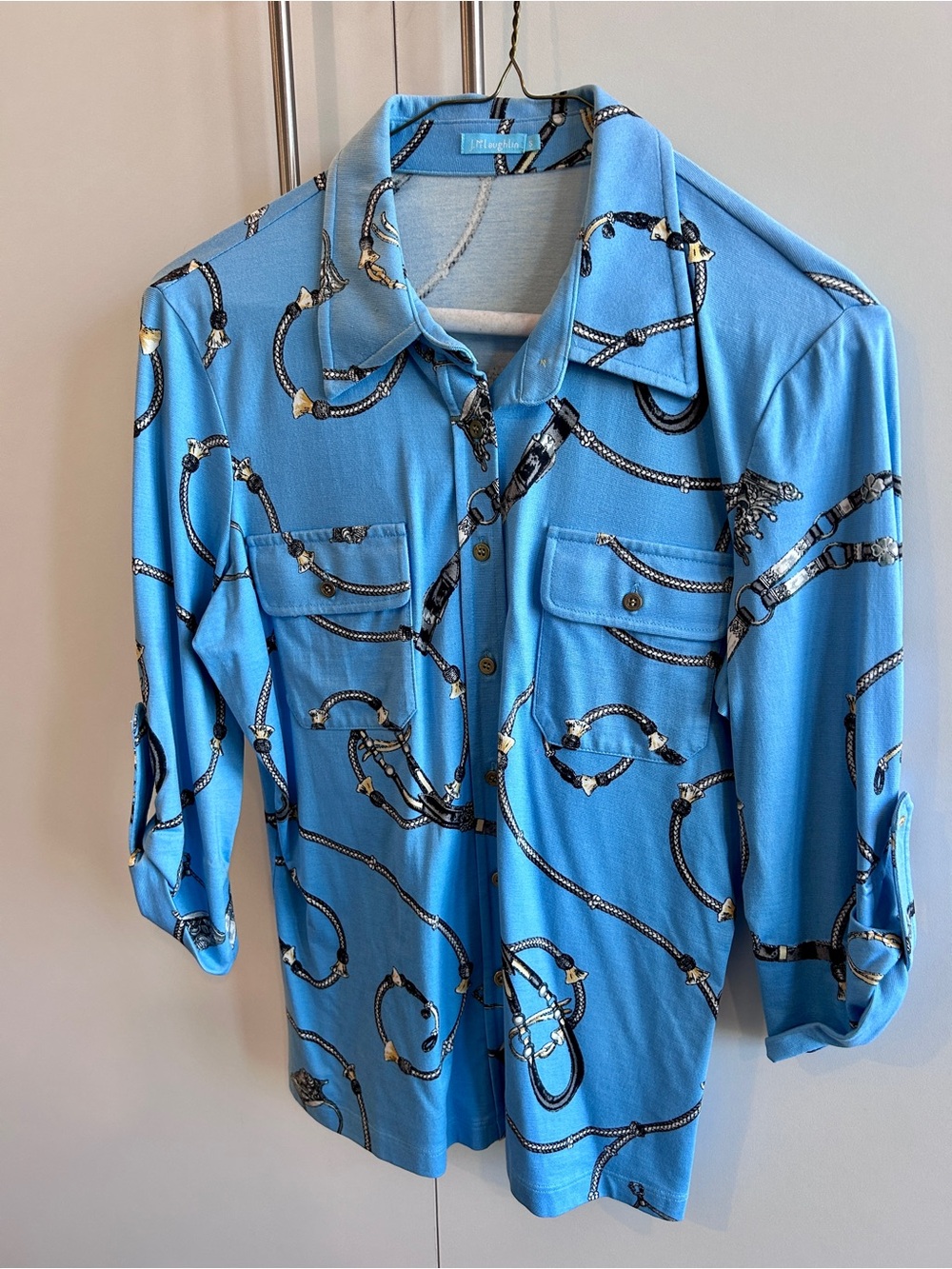 J. McLaughlin Bright Blue Rope-Print Button-Down Shirt 3/4” sleeve